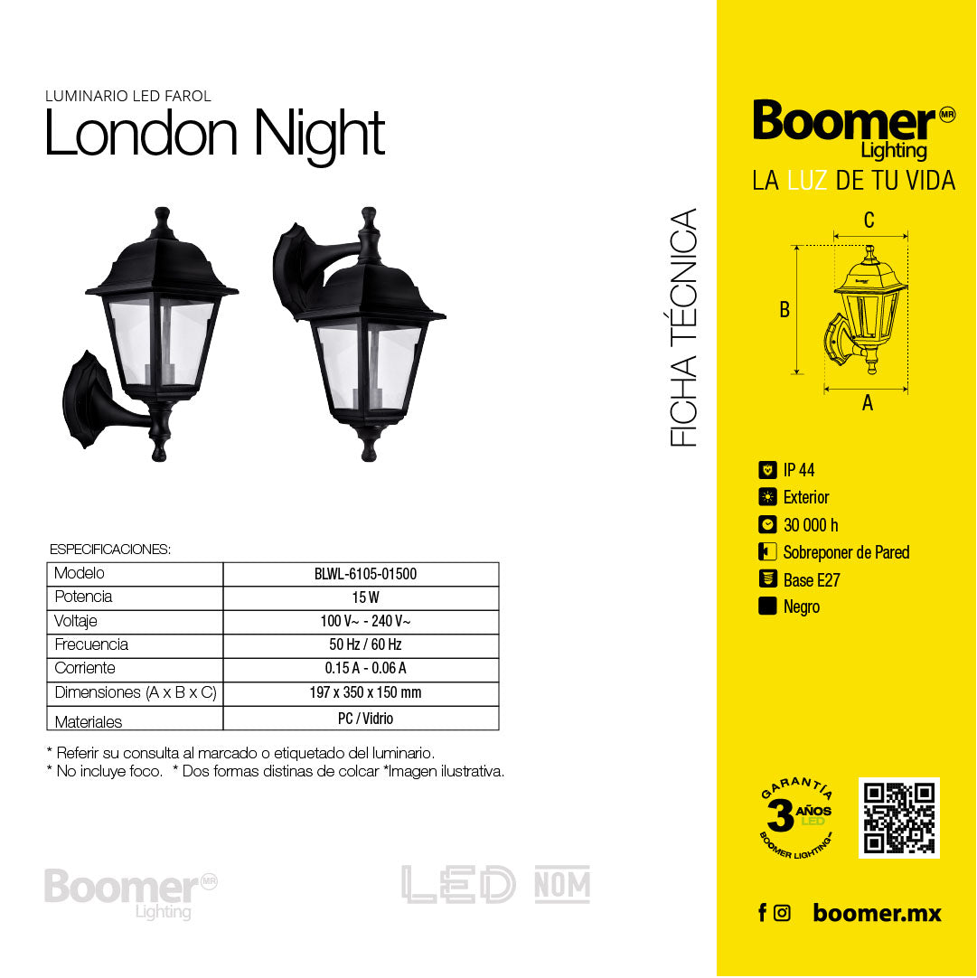 FAROL DECORATIVO PARA PARED LONDON DUAL NEGRO, 15W, BASE E27