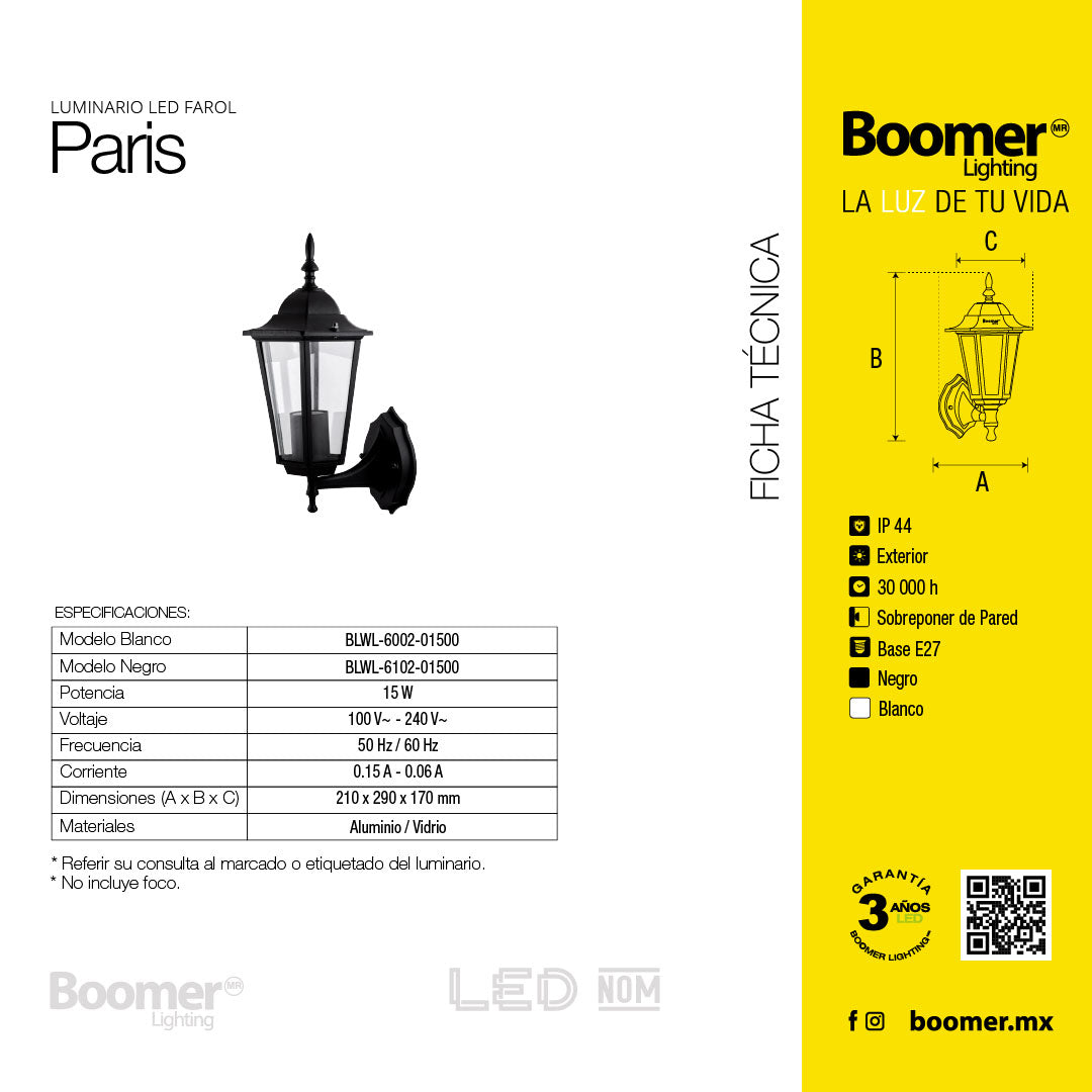 FAROL DECORATIVO PARA PARED PARIS NEGRO, 15W, BASE E27