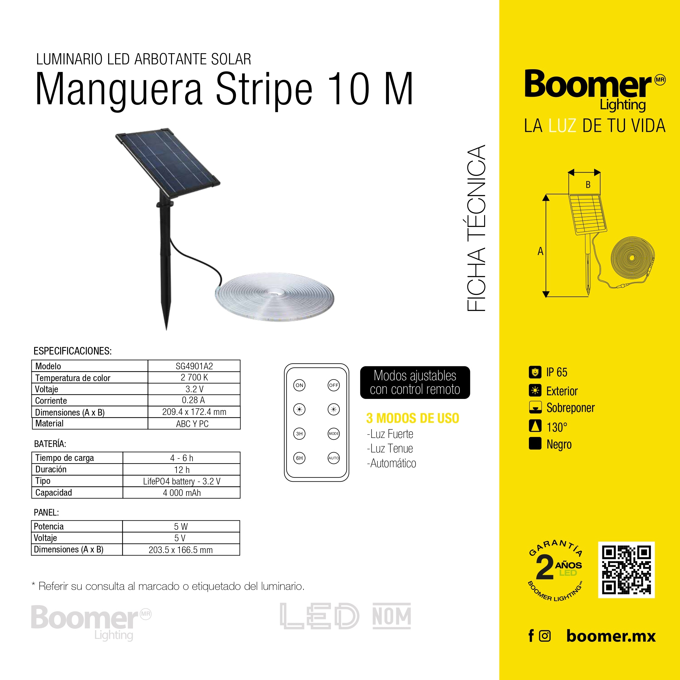 MANGUERA LED CON PANEL SOLAR, LUZ CALIDA, 10 METROS