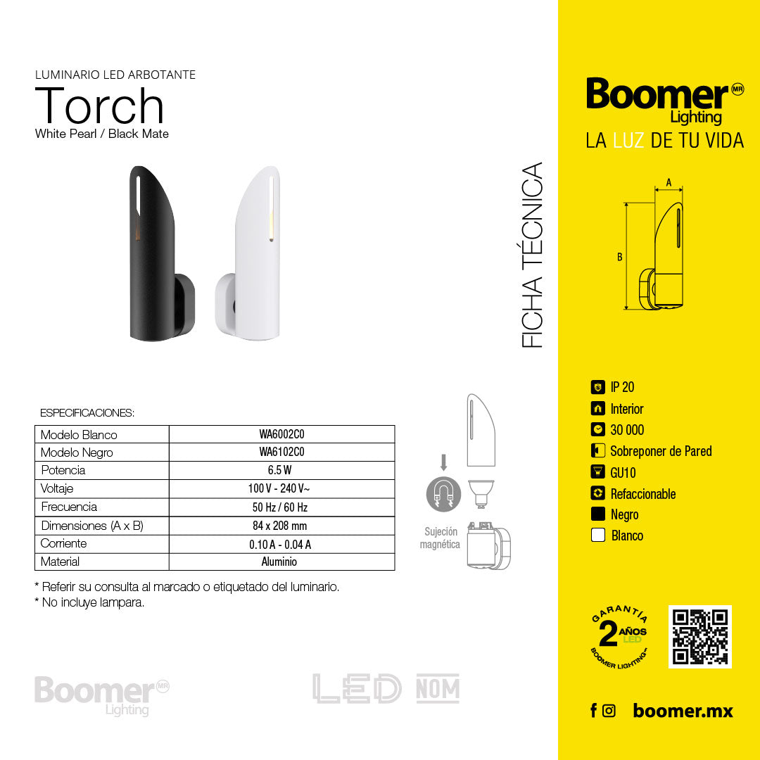 ARBOTANTE PARA PARED TORCH BLANCO, 6.5W, BASE GU10, INTERIOR