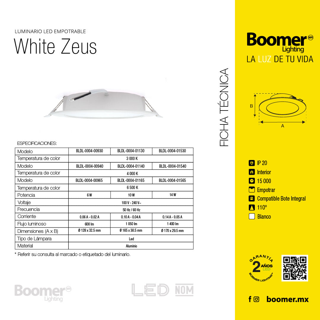 Empotrable LED Blanco Zeus de 10W Luz Fría 6500K para Interiores