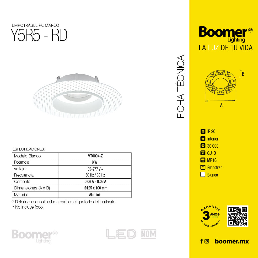 EMPOTRABLE Y5RD REDONDO BLANCO, BASE GU10 Y MR16, ALUMINIO