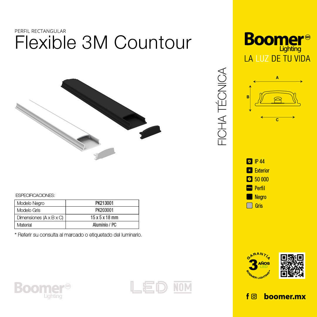 PERFIL ALUMINIO FLEXIBLE NEGRO PARA TIRA LED, 3M, IP44