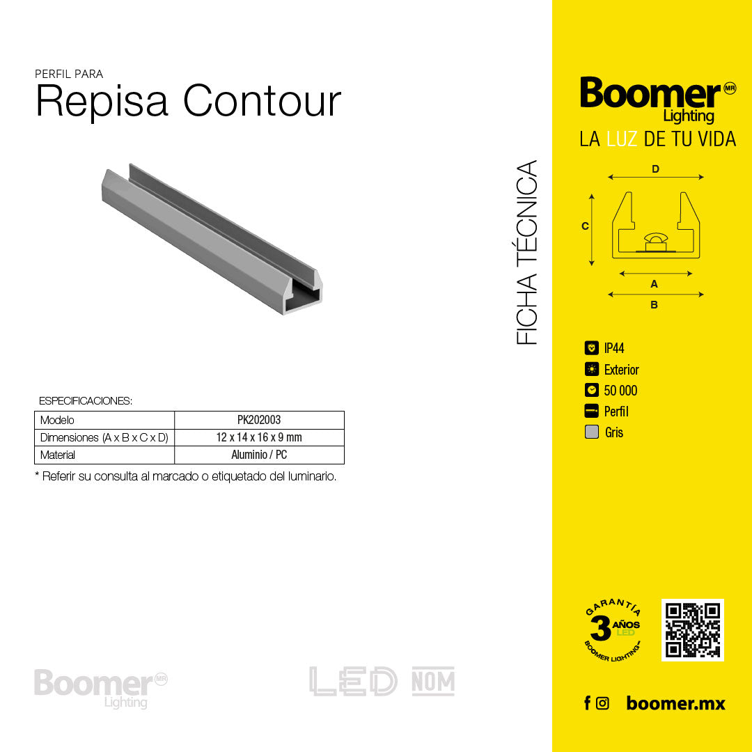 PERFIL ALUMINIO DE REPISA PARA TIRA LED, PLATA, 2M, IP44