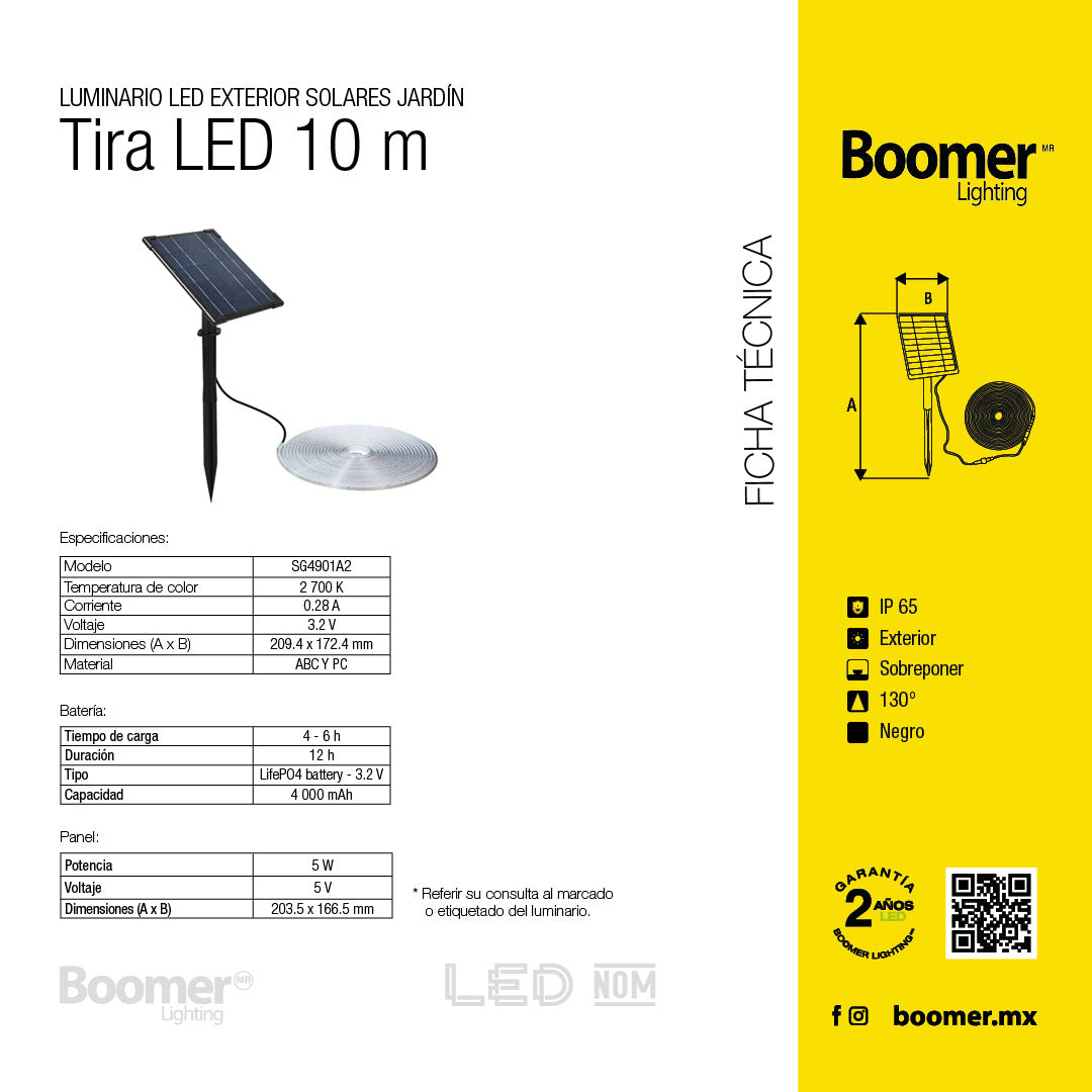 MANGUERA LED CON PANEL SOLAR, LUZ CALIDA, 10 METROS