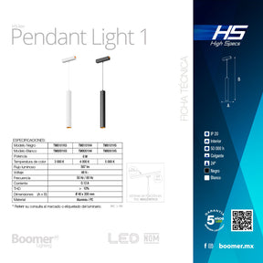 LUMINARIO HS-ION PENDANT D40 M1 BLANCO, 6W, 5000K, 558LM