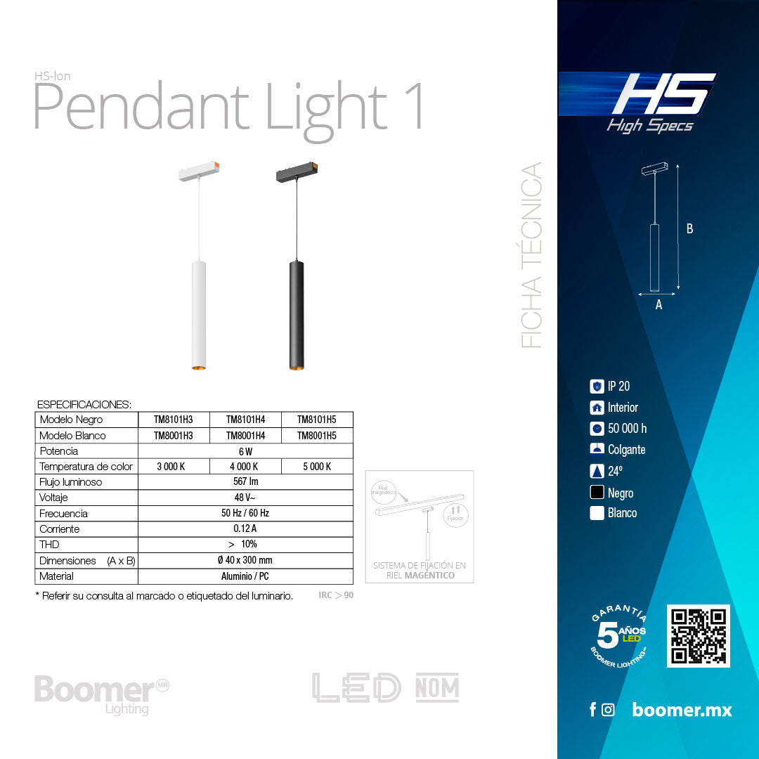 LUMINARIO HS-ION PENDANT D40 M1 BLANCO, 6W, 5000K, 558LM