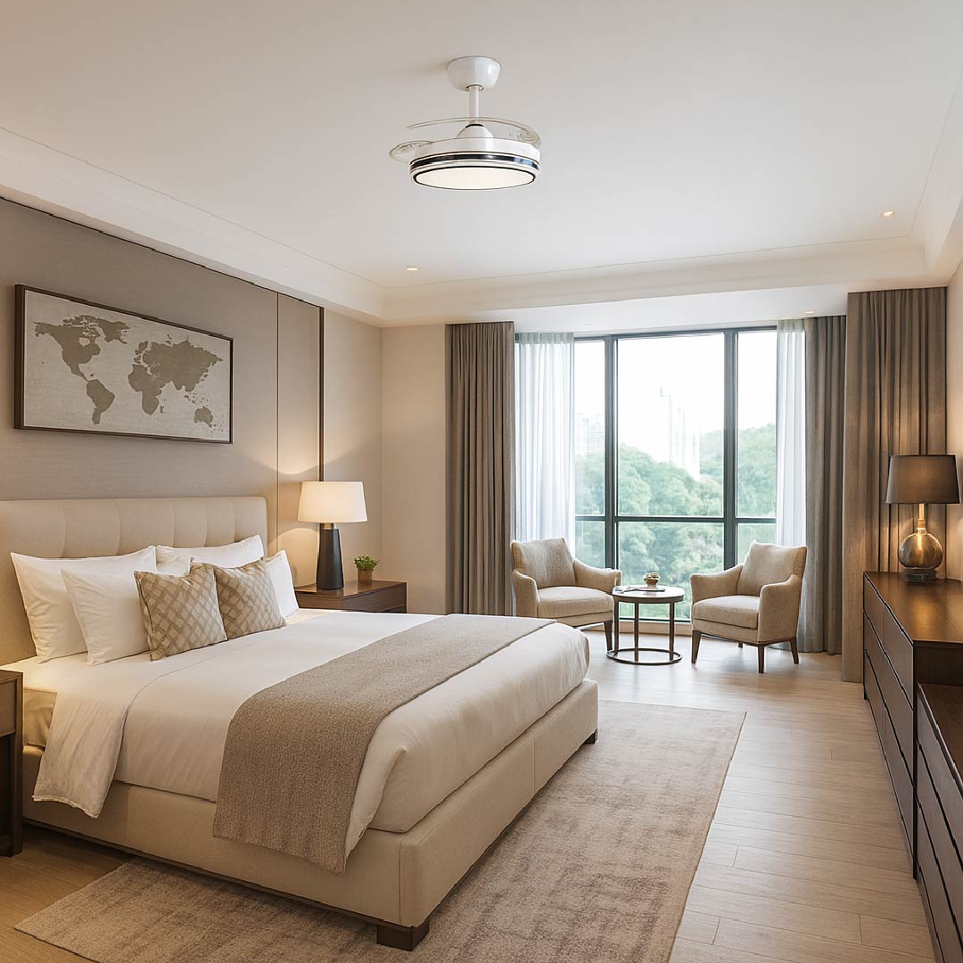 VENTILADOR DE TECHO CON LUZ LED RETRÁCTIL BLANCO 42” CCT 6 VELOCIDADES