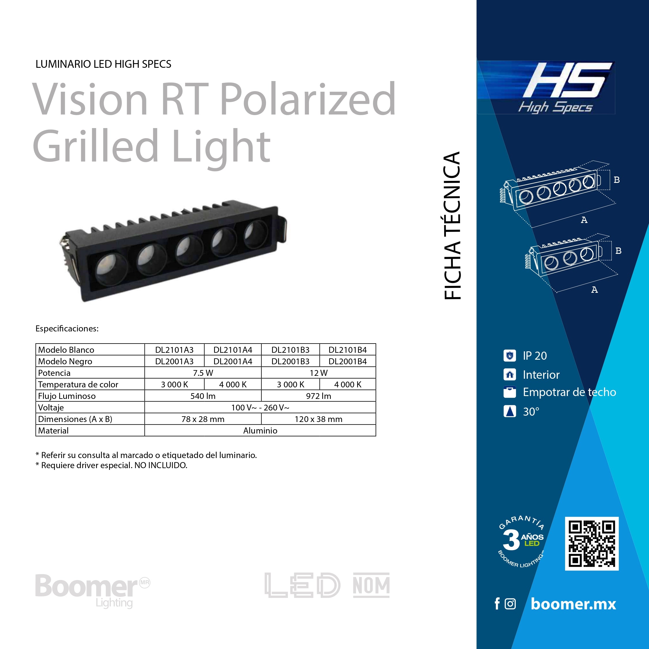 EMPOTRABLE NEGRO HS MINI RZ 36°, 12 W, 4000K, 972 LM