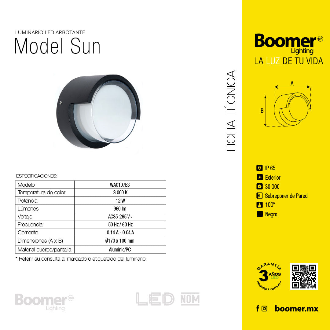ARBOTANTE PARA PARED SUN, 12W, LUZ CÁLIDA, 960LM, EXTERIOR