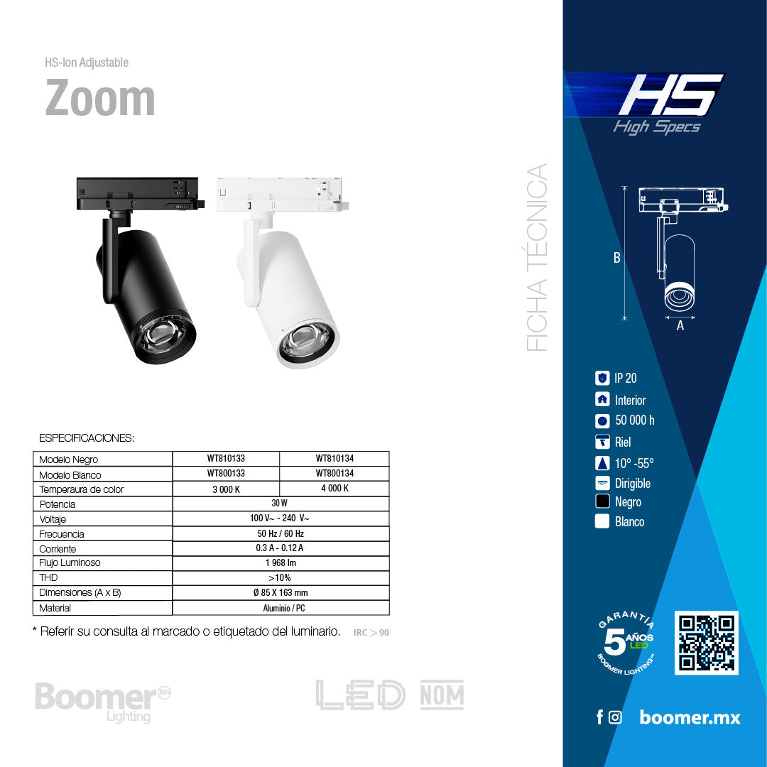 LUMINARIO HS TRACK ADJUSTABLE ZOOM LIGHT BLANCO, 20W, 4000K