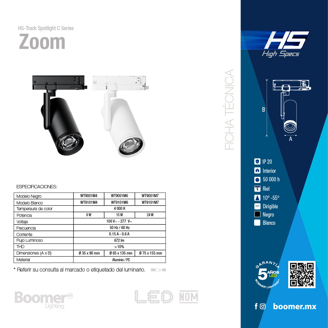 LUMINARIO HS ADJUSTABLE ZOOM LIGHT C BLANCO, 15W, 4000K