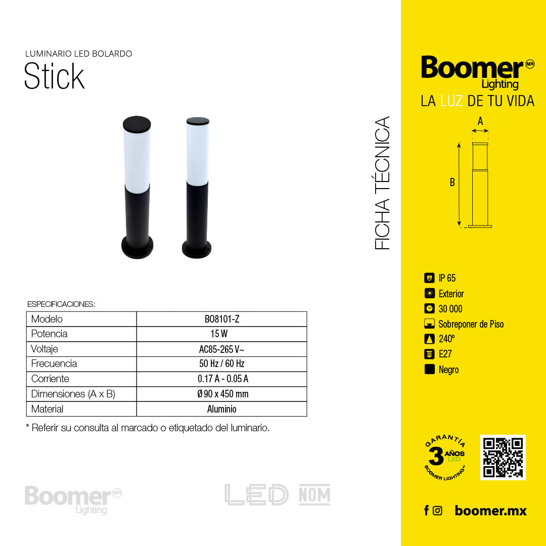 LÁMPARA BOLARDO STICK, 15W, BASE E27, EXTERIOR