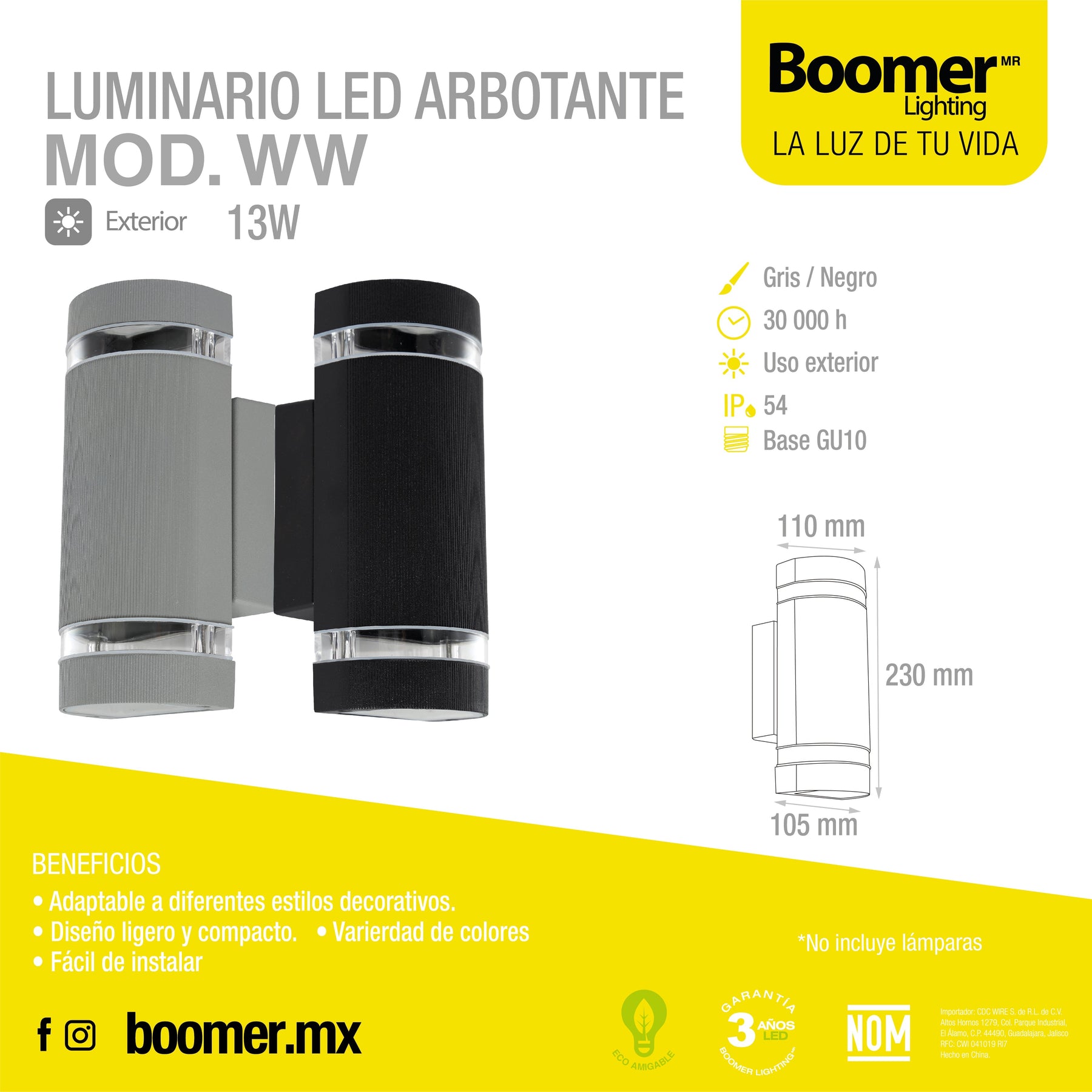 LÁMPARA ARBOTANTE WW GRIS, BASE GU10, 13 W, EXTERIOR