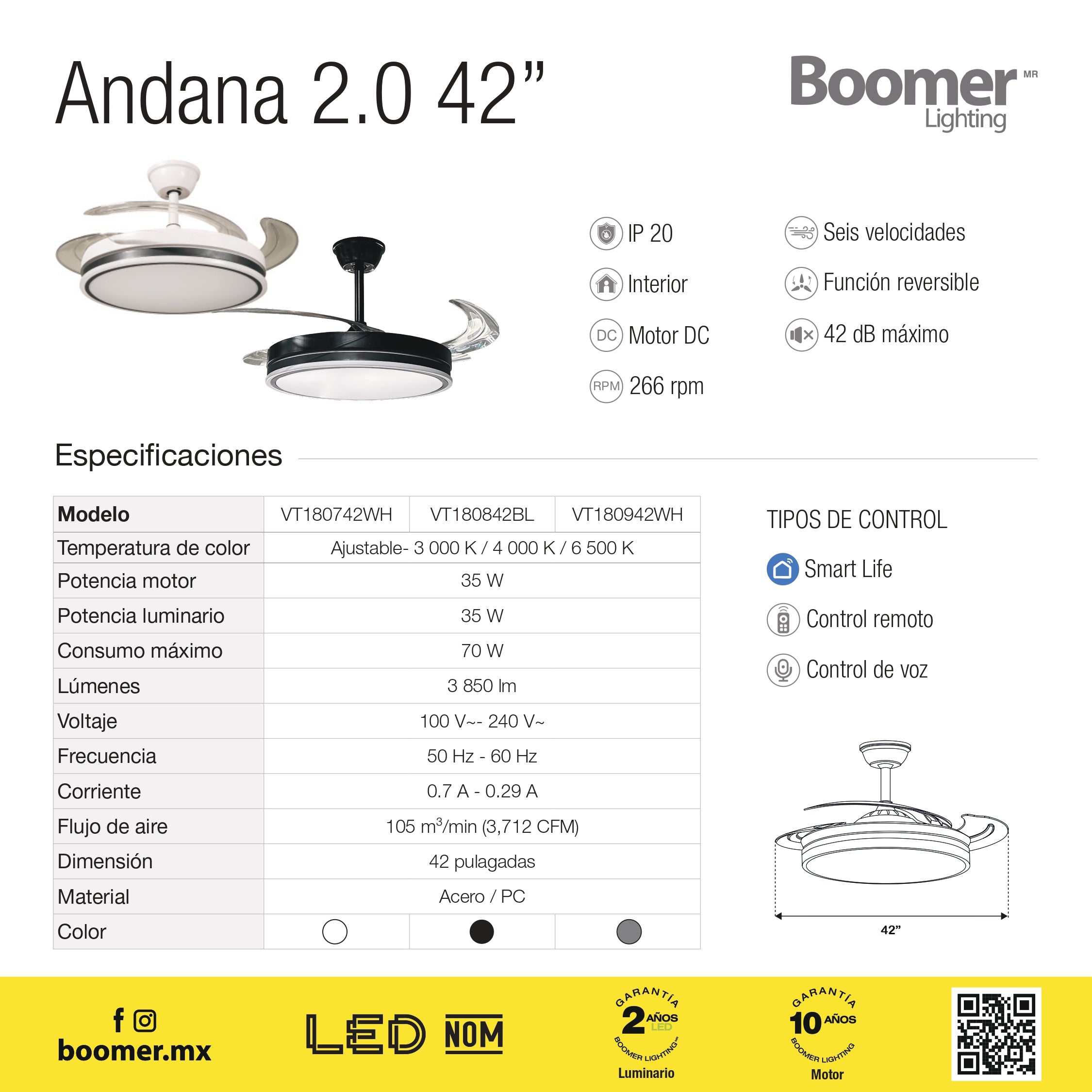VENTILADOR DE TECHO CON LUZ LED NEGRO AN 42" RETRACTIL, CCT