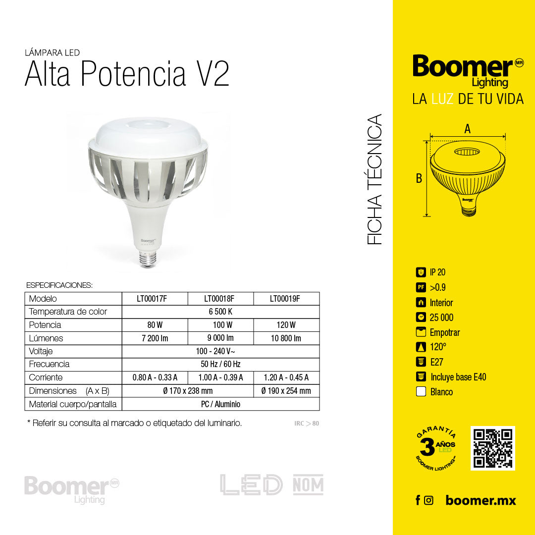 FOCO LED ALTA POTENCIA V 80W LUZ FRÍA, 7200 LM, BASE E27-E40