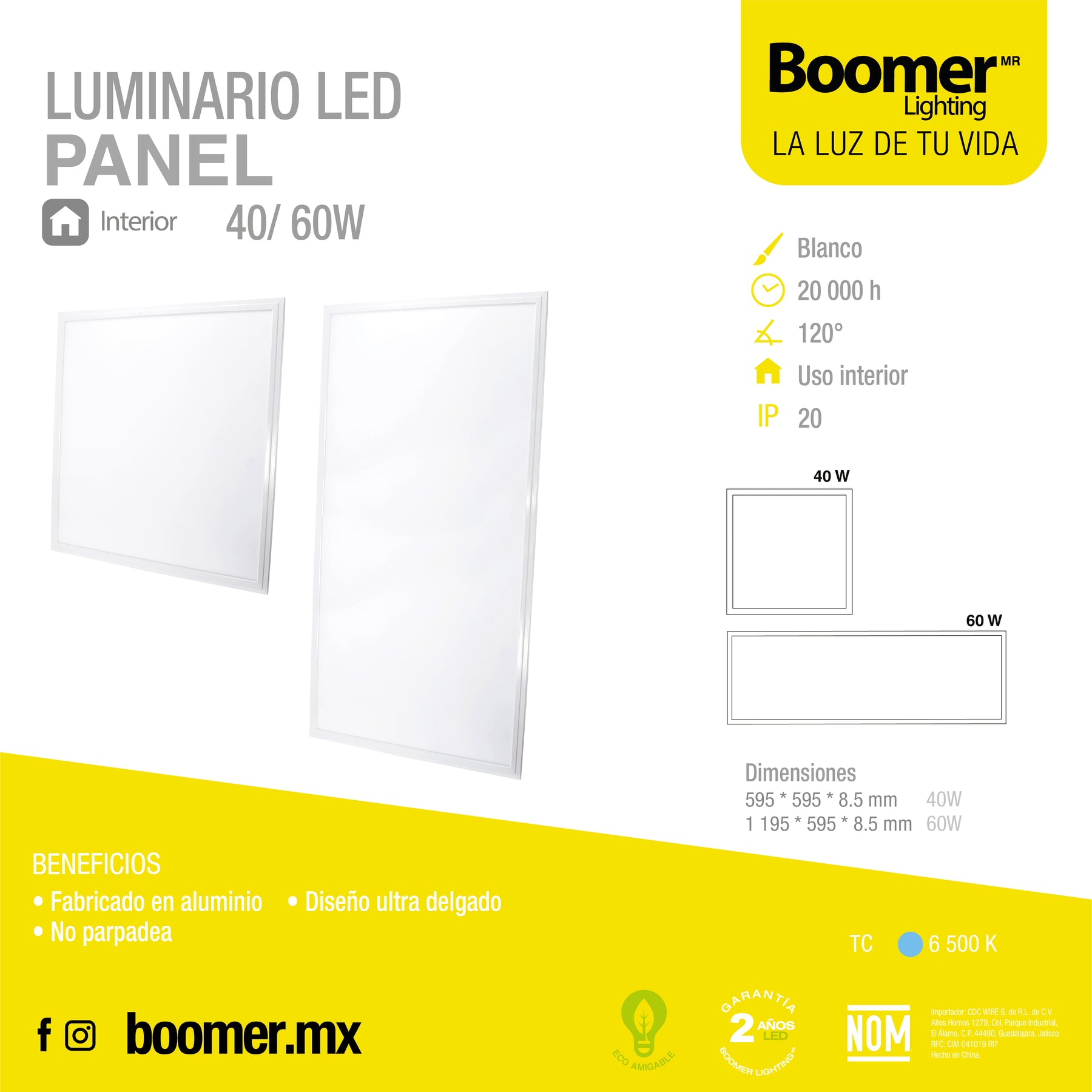 Plafonnier LED - 60 x 60 cm - 1 LED de 40 W intégrée - 1 x 4000 lm - De  2700 à 6500 K - Métal et plastique - Blanc
